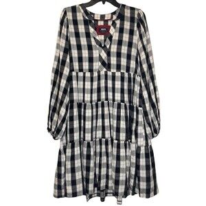 MAEVE Anthropologie Black Motif Amber Plaid Tiered Tunic Dress Flowy Boho Sz Med
